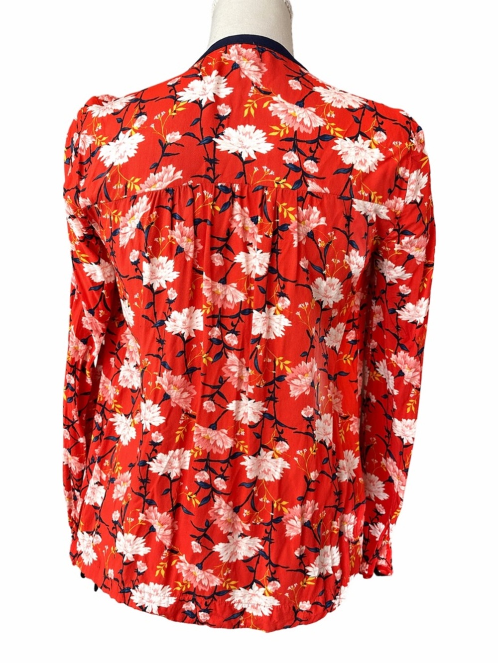 Old Navy Red Floral Pleated Peasant Blouse with Navy Trim - Picture 2 of 4